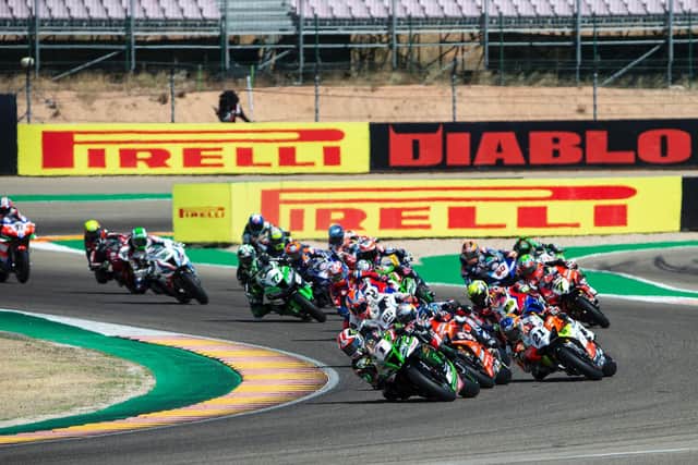 Kawasaki's Jonathan Rea leads the pack at the start of the Superpole race on Sunday at Aragon in Spain.