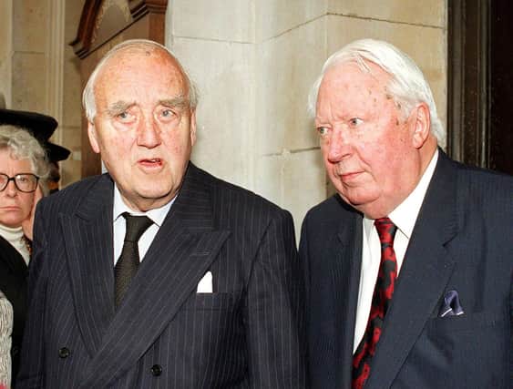 The former Northern Ireland secretary William Whitelaw and former Prime Minsiter Ted Heath, seen in 1996. When after Stormont's suspension in 1972 they began to consider power sharing with an Irish dimension, Norman Dugdale urged caution about introducing premature radical change