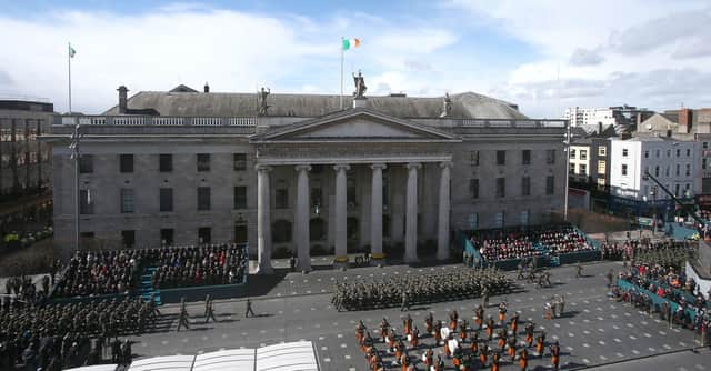 A military parade past the GPO in Dublin in 2016 marks the centenary of the 1916 Easter Rising. Some voices argued that 
It was argued that unionists should be generous about those celebrations and attend them. Nationalists should be the same about centenary celebrations of the founding of Northern Ireland in 1921. Photo: Niall Carson/PA Wire
