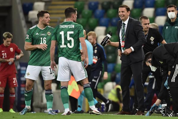 Northern Ireland manager Ian Baraclough offering advice on his home debut against Norway. Pic by Pacemaker.