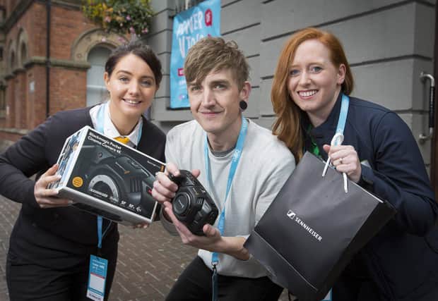 Pictured at the final of the Power of Video Creator Competition at the Ulster Hall (L-R) is Laura Spiers from McDonald’s UK, winner Nick Wichman and Karina Robinson from charity Keep Northern Ireland Beautiful.  Nick won £5000 worth of high tech prizes for his video on the importance of recycling.  To find out more search #POVBelfast or visit www.powerofvideo.co.uk
