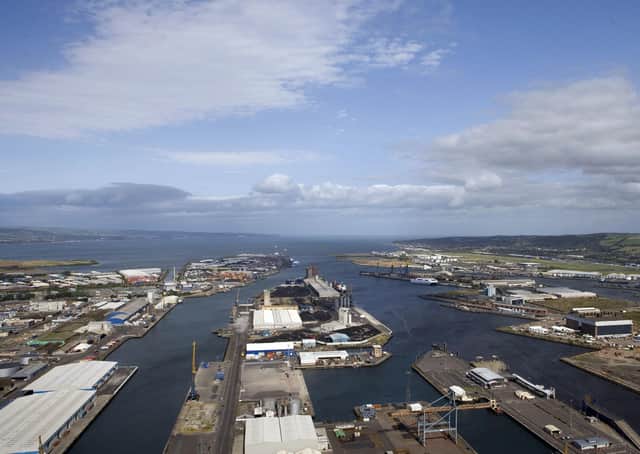 An aerial shot of the Port of Belfast, looking outwards into the lough