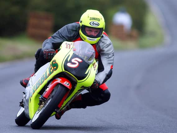 Lisburn rider Darran Lindsay on his way to victory on the Nibbles Catering 125cc Honda at the Ulster Grand Prix in 2002. Picture: Pacemaker Press.