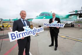 East Belfast MP, Gavin Robinson, joined George Best Belfast City Airport’s Operations Director, Mark Beattie, at the airport to celebrate new services to Birmingham and Manchester taking off with Aer Lingus Regional