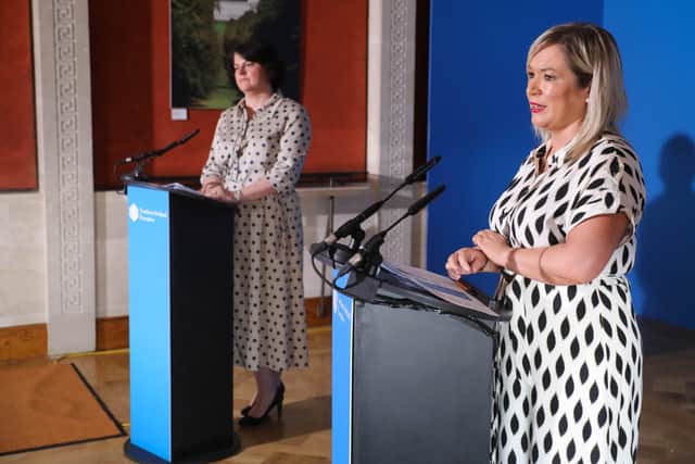 Arlene Foster and Michelle O'Neill preside over a joint Covid press briefing in late June, days before the IRA funeral, after which Mrs Foster refused to make joint appearances, until this week, two and a half months later.

Picture by Kelvin Boyes / Press Eye.