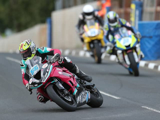 Adam McLean leads Paul Jordan and Darryl Tweed in the Supersport race at the Cookstown 100 on Saturday. Picture: Pacemaker Press.