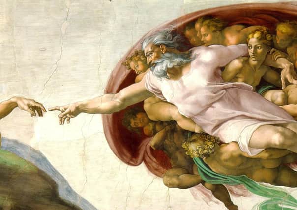 Michaelangelo's portrayal of the Creation of Adam; God stretches out his finger towards that of the first man