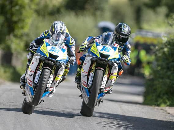 Mike Browne (16) and Paul Jordan (22) in action on the Burrows Engineering/RK Racing Yamaha machines at the KDM Hire Cookstown 100. Picture: Baylon McCaughey.
