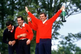 Tony Jacklin celebrates on the roof with Severiano Ballesteros and Sam Torrance after winning the Ryder Cup played at The Belfry Golf Club