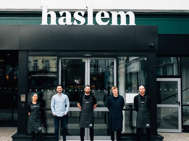 L-R: Kerry Rooney, Haslem team member, James Sinton, group finance director, Beannchor, Phil Pettitt, Haslem team member, Conall Wolsey, director, Beannchor, and Josh Fraser, Haslem team member are pictured at the group’s new £4 million development at Lisburn Square, Haslem Hotel. Creating 50 new jobs, Haslem features 45 stylish bedrooms, an 80-seater open plan lobby and bar area, a 68-seater restaurant, residents’ gym, and conference room. Targeted at business travellers from the Republic of Ireland and United Kingdom, as well as Lisburn locals, Haslem’s contemporary art paired with a neutral colour scheme epitomises a modern, urban style, reflecting the needs of these visitors.  For more information, visit http://www.haslemhotel.com/ or connect with Haslem Hotel on Facebook or Instagram @HaslemHotel.