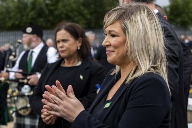 File photo dated 30/06/20 of Deputy First Minister Michelle O'Neill during the funeral of senior Bobby Storey at Milltown Cemetery in west Belfast