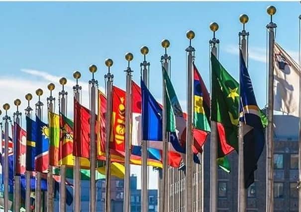 Some of the world's national flags outside the UN HQ