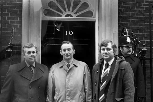David Cook outside Downing Street to meet the then prime minister, Margaret Thatcher, with then Alliance Party leader Oliver Napier and the later leader Dr John Cushnahan