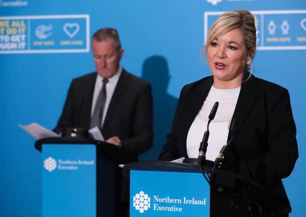 Michelle O’Neill during this evening's Stormont press conference