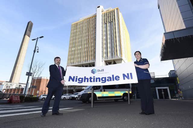 Health Minister Robin Swann and Chief Nursing Officer Charlotte McArdle on April 7 at the City Hospital, which was emptied to become Northern Ireland's Nightingale hospital.  
But it was already becoming clear that NI Covid hospital admissions had not justified emptying hospitals, and that lockdown was accompanied by an alarming rise in non Covid deaths. Picture: Michael Cooper
