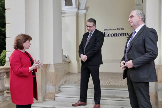 Economy Minister Diane Dodds with Andrew McCracken, Finance Director at Crumlin-based social enterprise Transport Training Services and Colin Jess, Director of Social Enterprise NI