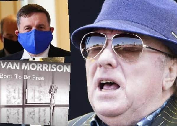Van Morrison (right) released his track 'Born To Be Free' on Friday - inset: Health Minister Robin Swann wearing a face-covering.