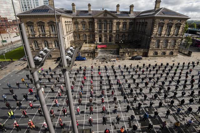 At Belfast’s Custom House Square, over 500 members of the live events community gathered in a socially distanced, Covid-compliant display on Friday