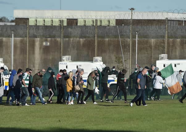 Crowds taking part in the dissident republican protest at Maghaberry prison.  Picture: Pacemaker