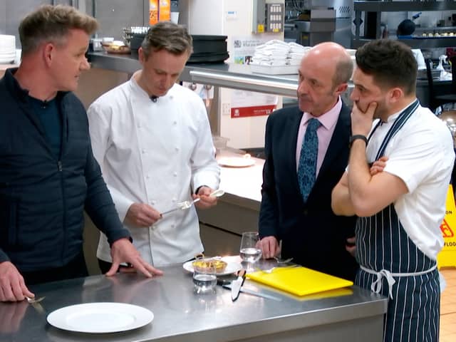 Gordon Ramsay arrives in the Savoy Kitchen. Chefs and manager Thierry look on with anticipation as he taste test some new signature dishes