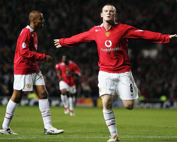 Wayne Rooney of Manchester United celebrates his second goal during the UEFA Champions League Group D match between Manchester United and Fenerbahce SK at Old Trafford on September 28, 2004 in Manchester, England.  (Photo by Laurence Griffiths/Getty Images)