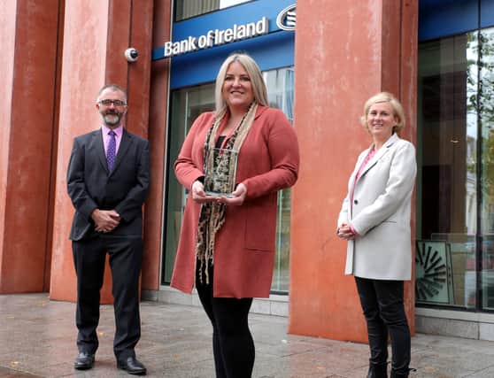 Pictured accepting the award at Bank of Ireland UK in Belfast is Kerry Hinks, Senior HR Business Partner, Bank of Ireland UK with Barry Phillips, Chairman of Legal Island and curator of the Northern Ireland Equality and Diversity Awards, and Judith Hearty, Finance Business Partner, Bank of Ireland UK, and chair of the Bank’s Northern Ireland inclusion and diversity working group