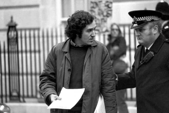 File photo dated 03/05/1974 of Peter Hain being moved on as he picketed outside a London hotel where the British Lions rugby touring team stayed. They were protesting about the British Lions tour of South Africa. Photo: PA Wire