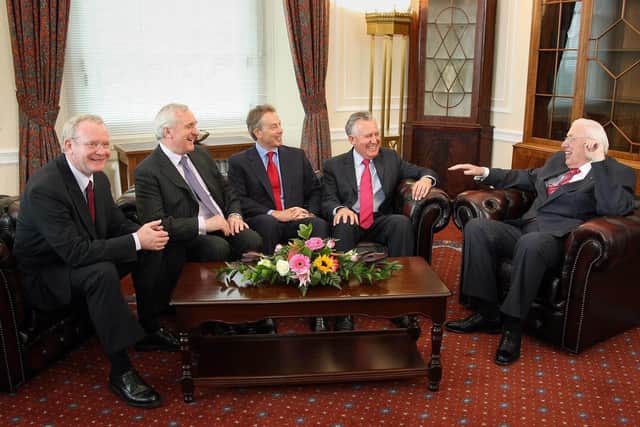 From left: Deputy First Minister Martin McGuinness, Irish Taoiseach Bertie Ahern, British Prime Minister Tony Blair, Northern Ireland Secretary Peter Hain and First Minister  Ian Paisley, in the First Minister's office at the Northern Ireland Assembly, Stormont today. Picture date: Tuesday May 8, 2007. Picture by Paul Faith/Pool/PA Wire