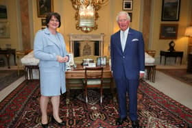 First Minister Arlene Foster pictured meeting with The Prince of Wales at Hillsborough Castle on Wednesday afternoon. Photo by Kelvin Boyes / Press Eye.