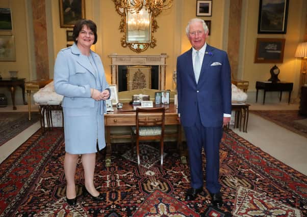 First Minister Arlene Foster pictured meeting 
with The Prince of Wales at Hillsborough Castle on Wednesday afternoon. 

Photo by Kelvin Boyes / Press Eye.
