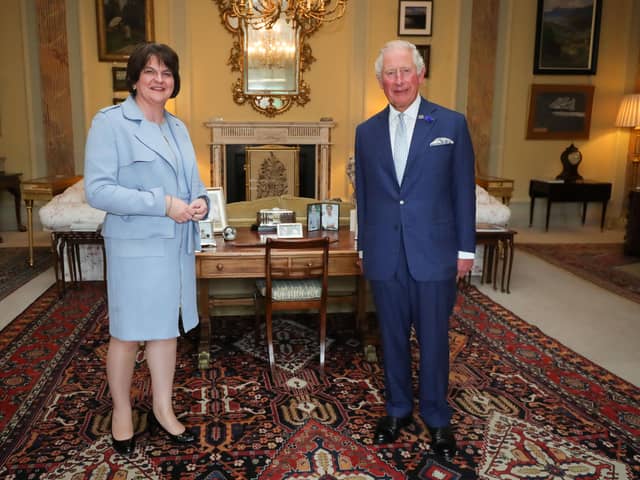 First Minister Arlene Foster pictured meeting 
with The Prince of Wales at Hillsborough Castle on Wednesday afternoon. 

Photo by Kelvin Boyes / Press Eye.