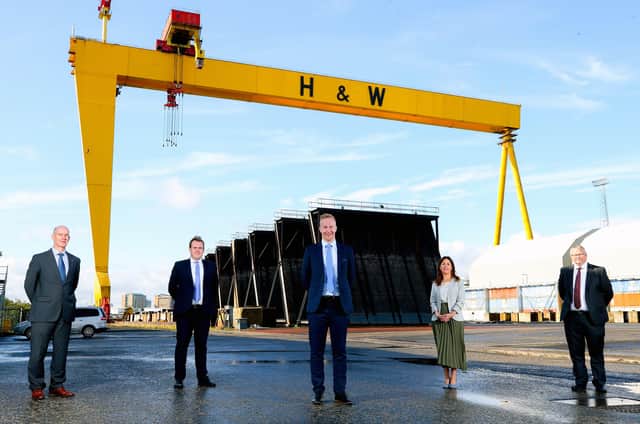 Perry Kennedy, Harland & Wolff, Phil Murray, NI Chamber, Niall Devlin, Bank of Ireland, Tanya Anderson, NI Chamber and John Wood, InfraStrata plc pictured at the launch of NI Chamber’s 2020 Meet the Buyer with Bank of Ireland UK