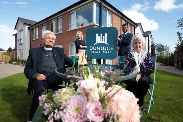 Dunluce Healthcare Asset Manager Dianne Hunter and Chief Executive Ryan Smith join Oakmont Lodge residents Dean JC Combe and Ann McKillen at the opening of a new 24-bed residential and nursing dementia wing
