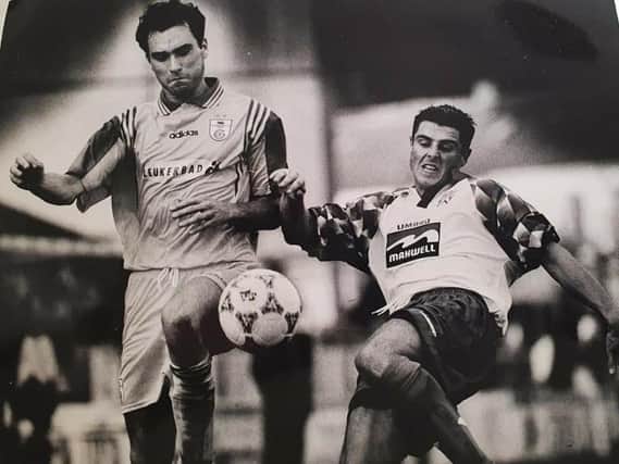 Robbie Brunton (right) in action for Coleraine against Grasshoppers in the UEFA Cup