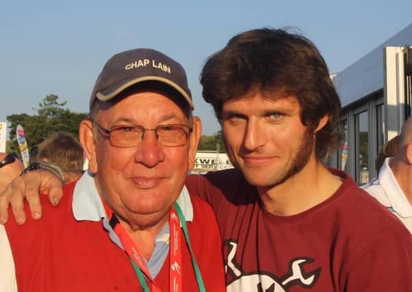 Motor Cycle Union of Ireland chaplain Rev Noel Agnew pictured with road racer Guy Martin.