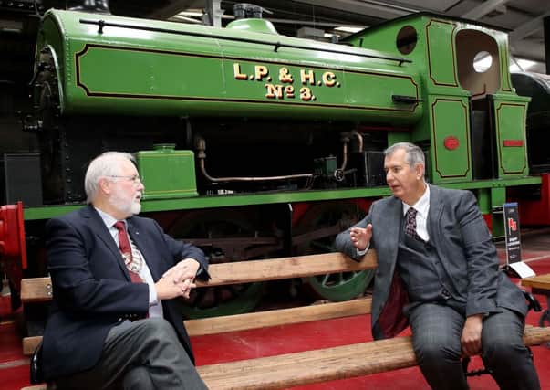 Minister Edwin Poots (right) with Rev John McKegney of the Whitehead Railway Museum