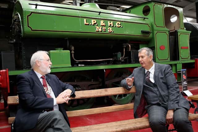Minister Edwin Poots (right) with Rev John McKegney of the Whitehead Railway Museum