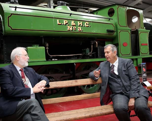 Minister Edwin Poots (right) with Rev John McKegney of the Whitehead Railway Museum