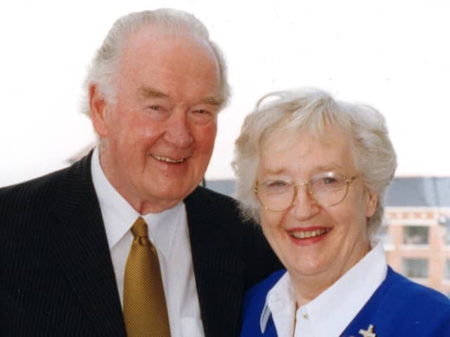 The late Captain OWJ Henderson and his wife Primrose , who has just died, on their 50th wedding anniversary.