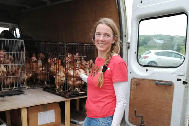 Undated handout photo of Diana McChesney who has come to the rescue of hundreds of hens which were about to be sent to slaughter. The 45, from Lisbellaw, County Fermanagh, used a local bus - more commonly rented for hen parties - to move the chickens to her home