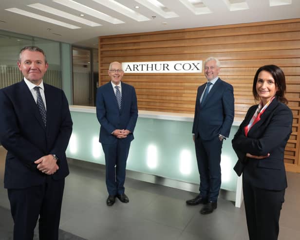 Catriona Gibson, Managing Partner of Arthur Cox in Belfast is joined by Arthur Cox Managing Partner Geoff Moore to mark the firm’s 100th anniversary. They are with Rowan White, Arthur Cox consultant and President of The Law Society of Northern Ireland, and Alan Taylor, the firm’s Chair in Northern Ireland