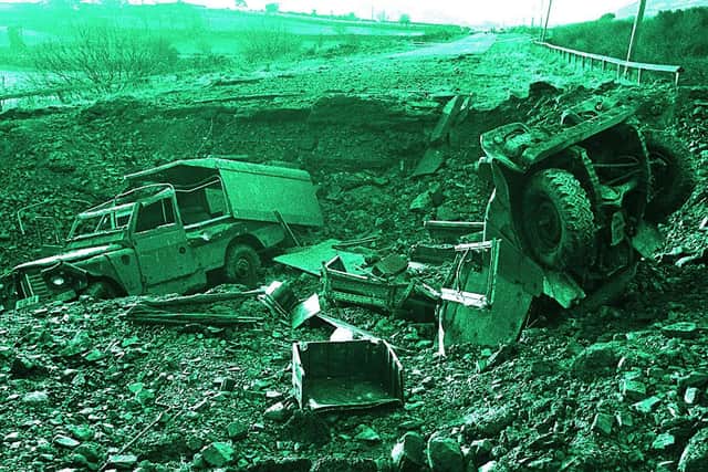Scene of Castlewellan landmine where three UDR soldiers were killed, 6/1/80