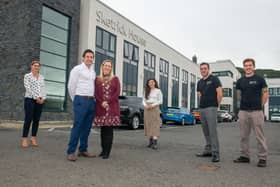 Ards Business Hub Chief Executive, Nichola Lockhart with three of the businesses created by its delivery of the ‘Go For It’ business support programme. They are Jean Michel and Lisa Pascal from Craic ‘N’ Campers; Niamh Crawford-Walker from #Goals and Ryan and Brett Connolly of iFogg Ltd