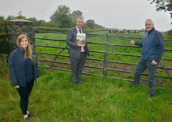 Minister Poots on a visit to Rural Support chairman John Thompson’s Farm, Ballymoney, and Veronica Morris
