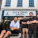 Pictured at the new Cut and Grind barbers in Lisburn Square are Kenny Parker, and some of the creative team; (L-R) Ethan McGowan, Sean McGharan, Jordan Bell and Micheal McAdams