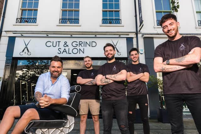Pictured at the new Cut and Grind barbers in Lisburn Square are Kenny Parker, and some of the creative team; (L-R) Ethan McGowan, Sean McGharan, Jordan Bell and Micheal McAdams