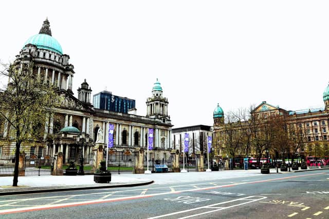 Belfast City Hall on April 18 - a Saturday - with surrounding streets emptied of people