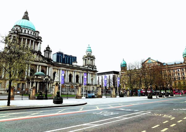 Belfast City Hall on April 18 - a Saturday - with surrounding streets emptied of people