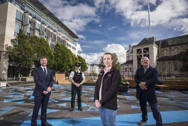Chris McCracken, MD at LQ BID, PSNI South Belfast Chief Inspector Gavin Kirkpatrick, Shauna Murphy, UUSU VP Belfast and Damien Corr from Destination CQ