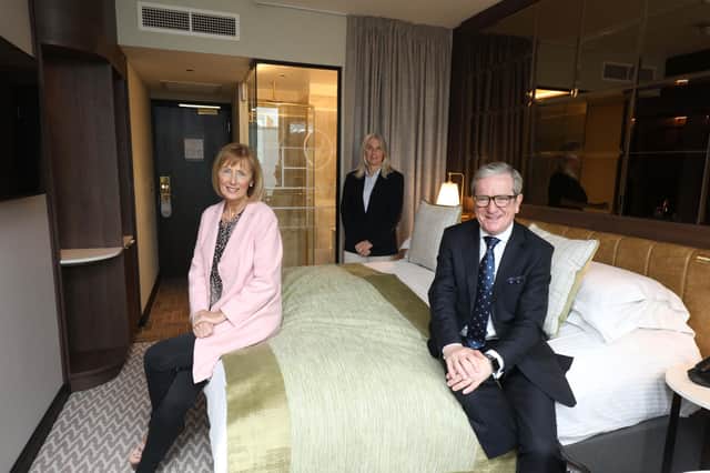 James McGinn, General Manager of the Europa Hotel is pictured with Anne McMullan, Marketing Director of Visit Belfast and Caitriona Lavery, Sales Manager from Hastings Hotels